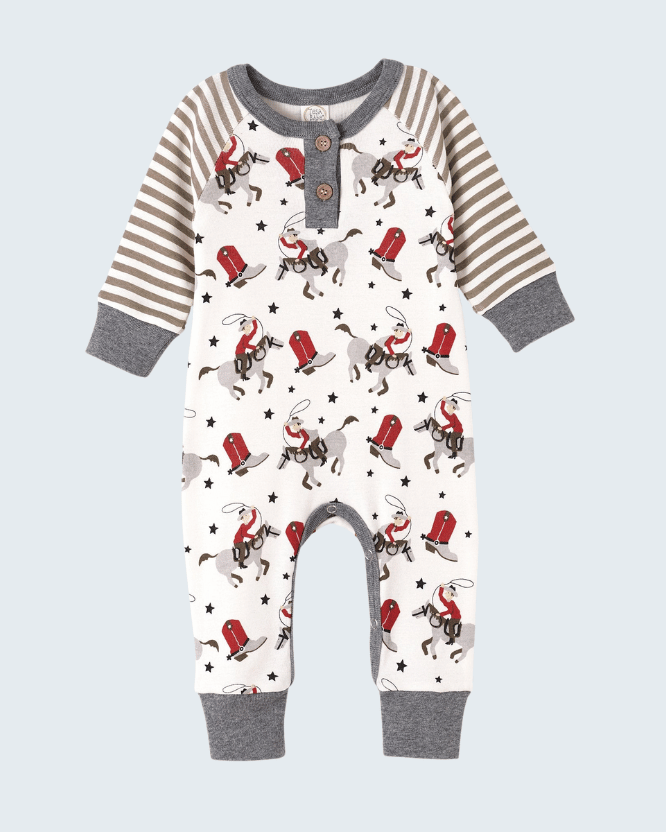 Cowboy western henley romper with light print, gray striped sleeves, and button placket