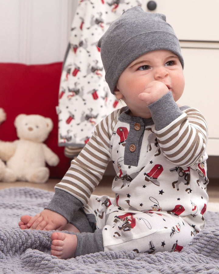 Baby cowboy western henley romper with gray striped sleeves and button placket