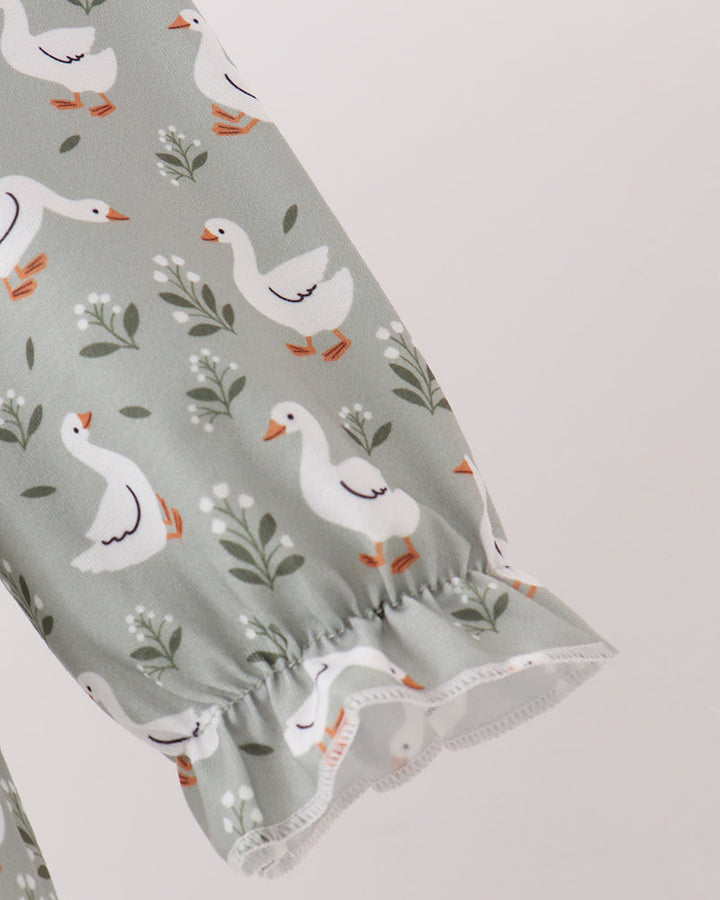 Grey goose print dress sleeve with gathered cuff detail
