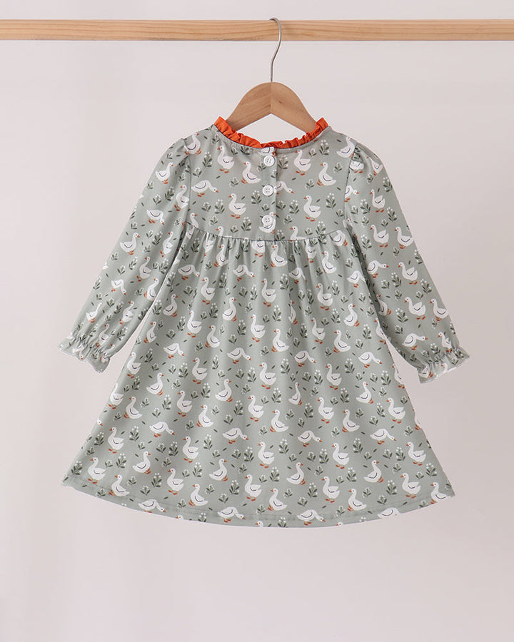 Kids grey goose print long-sleeve ruffle dress with gathered skirt
