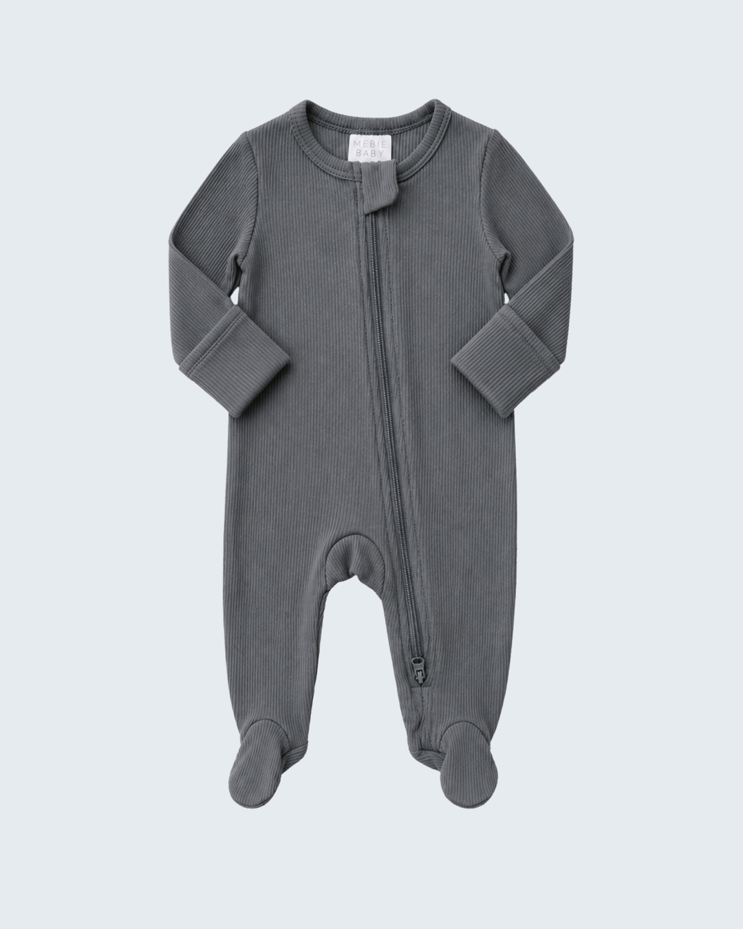 A dark gray ribbed long-sleeve baby footed sleeper with a front zipper, shown flat on a light gray background.