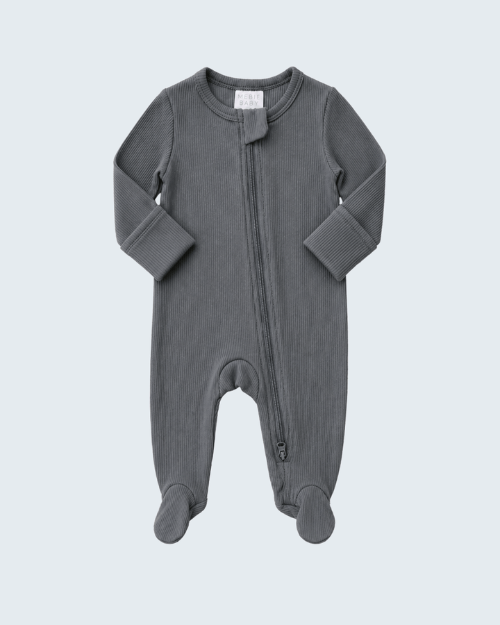 A dark gray ribbed long-sleeve baby footed sleeper with a front zipper, shown flat on a light gray background.