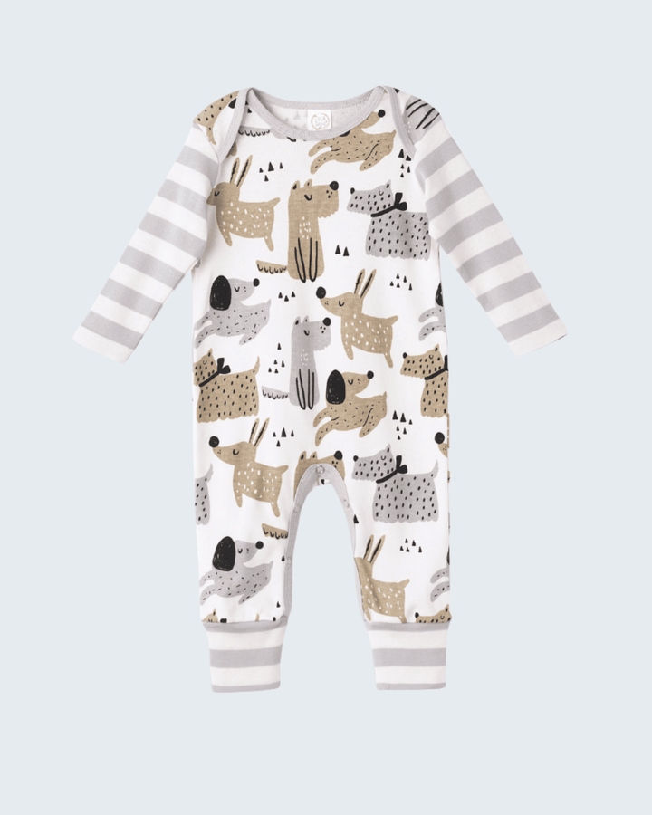 Baby puppy-print long-sleeve romper with gray and beige dogs on light background