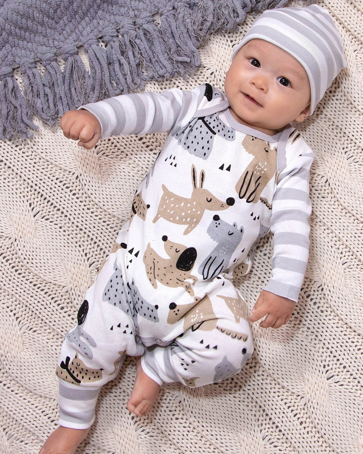 White baby puppy dog romper with tan and black dog graphics, gray striped sleeves