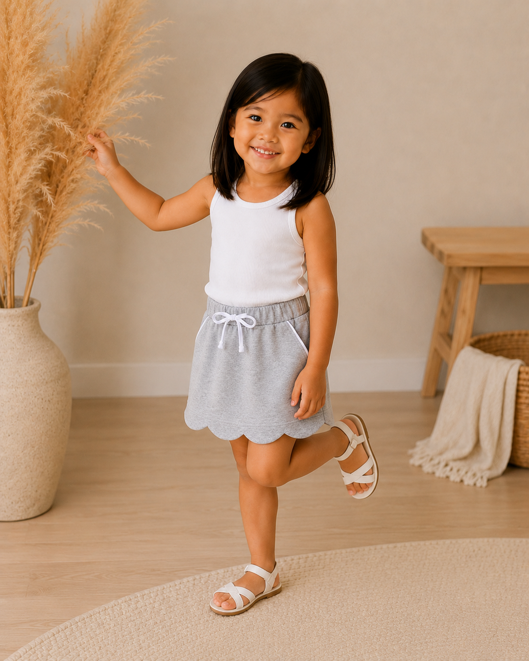 A young girl smiling and posing in a white sleeveless tank top and a light gray scalloped skirt with a white drawstring, standing in a warm, neutral-toned room with a wooden stool, woven basket, and pampas grass.