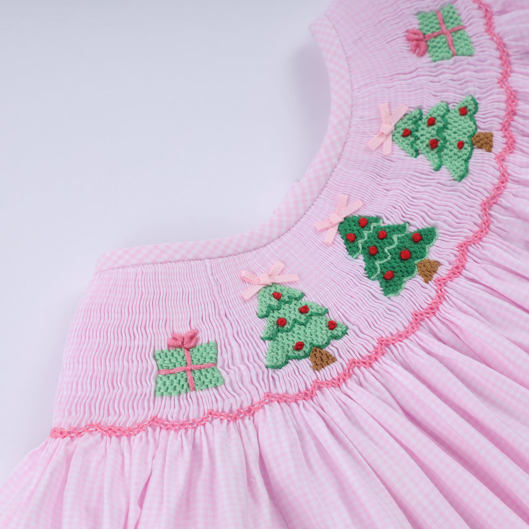 Pink Christmas Tree Hand Smocked Dress