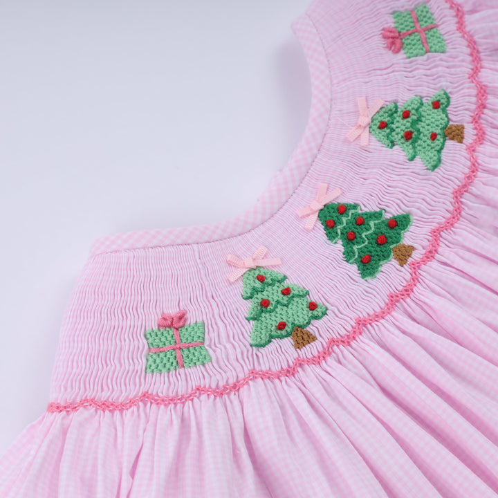 Pink Christmas Tree Hand Smocked Dress