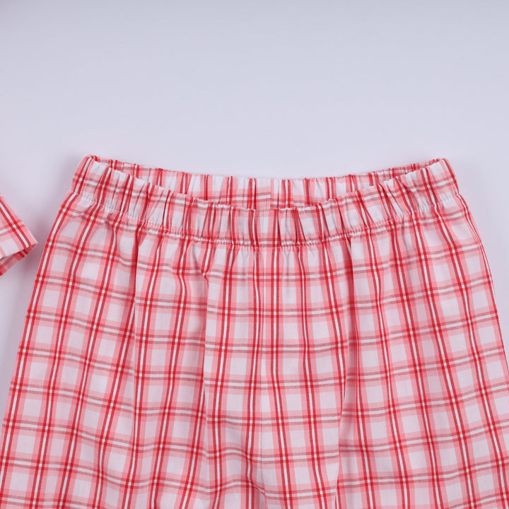 Red Christmas Santa Claus Hand Smocked Plaid Ruffle Pants Set