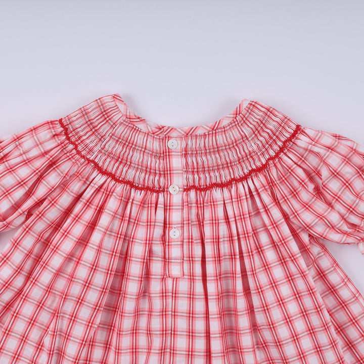 Red Christmas Santa Claus Hand Smocked Plaid Ruffle Pants Set