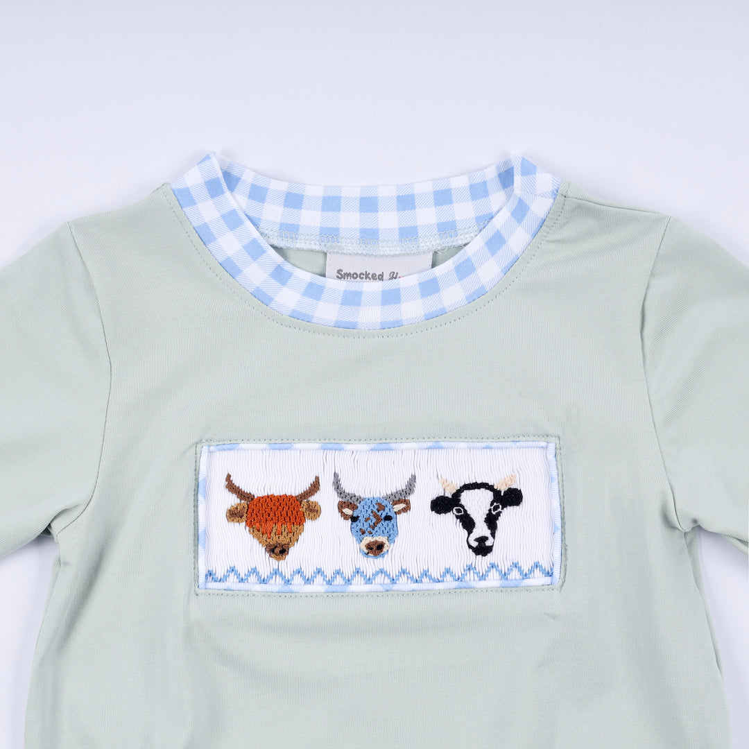 Sage Cow Hand Smocked Bubble