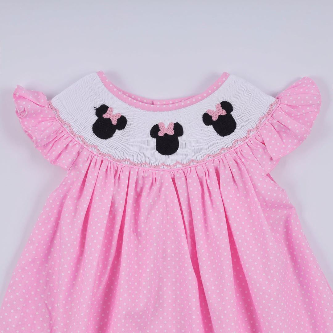 Pink Character Hand Smocked Dot Ruffle Dress