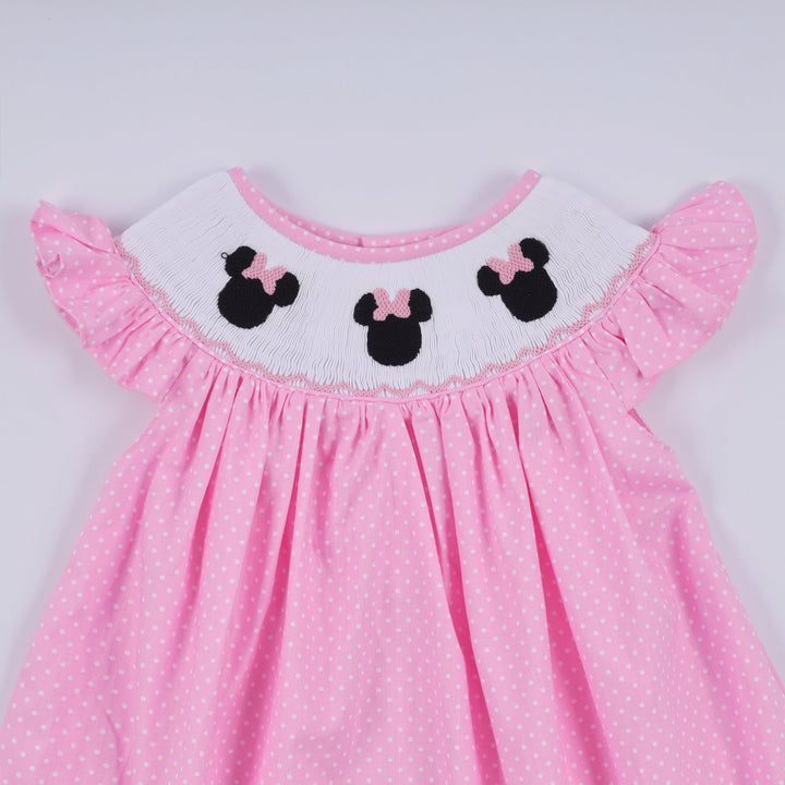 Pink Character Hand Smocked Dot Ruffle Dress