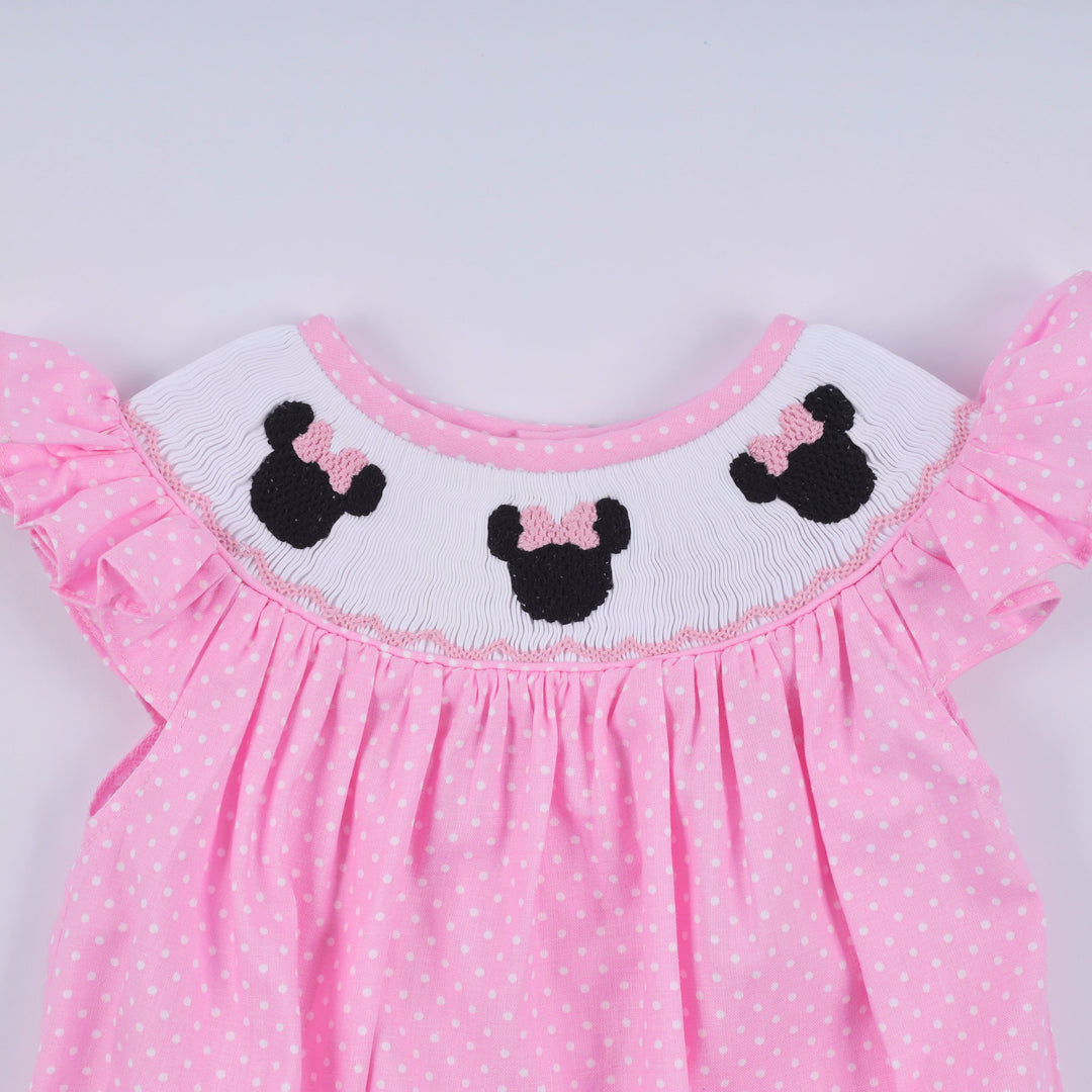 Pink Hand Smocked Dot Ruffle Bubble