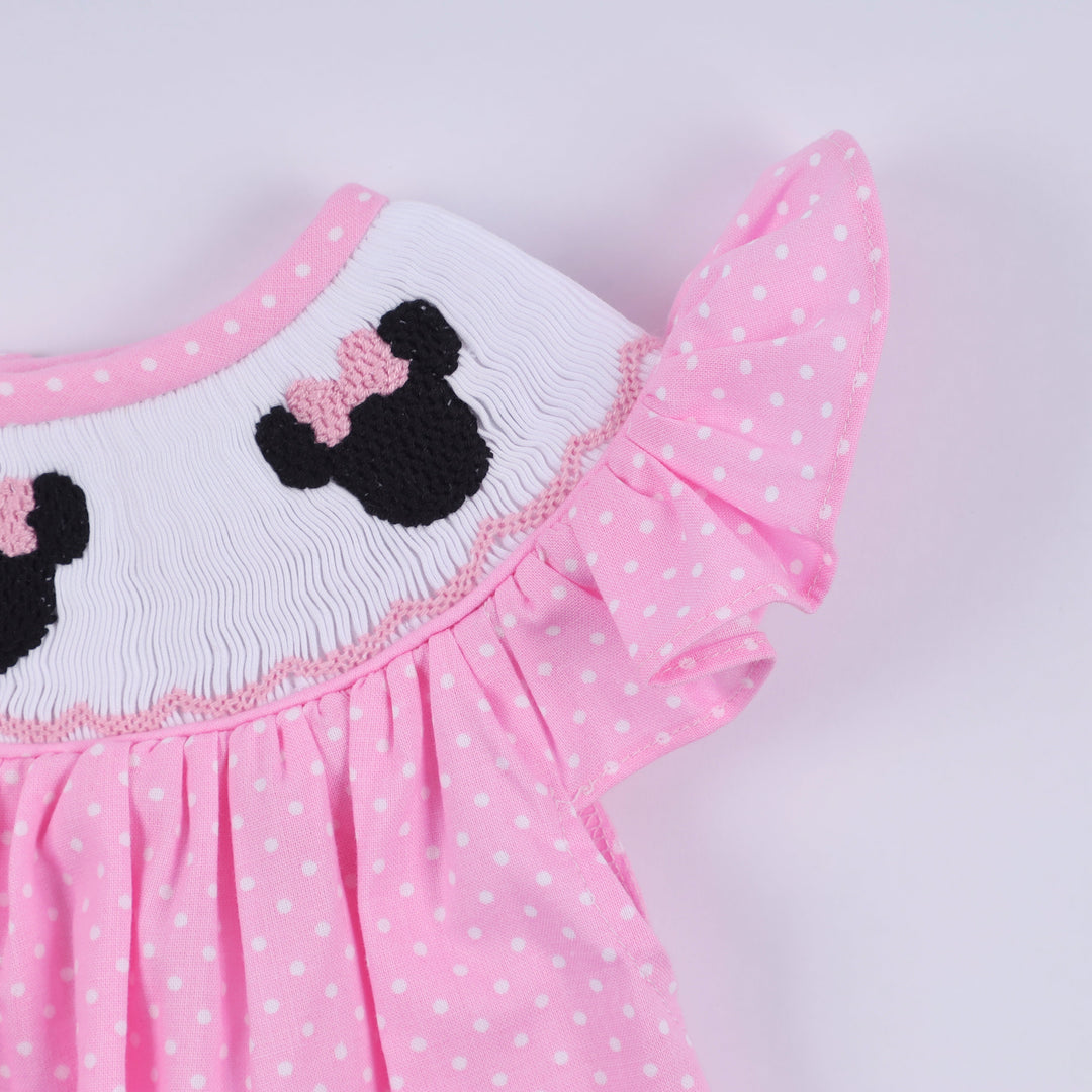 Pink Hand Smocked Dot Ruffle Bubble