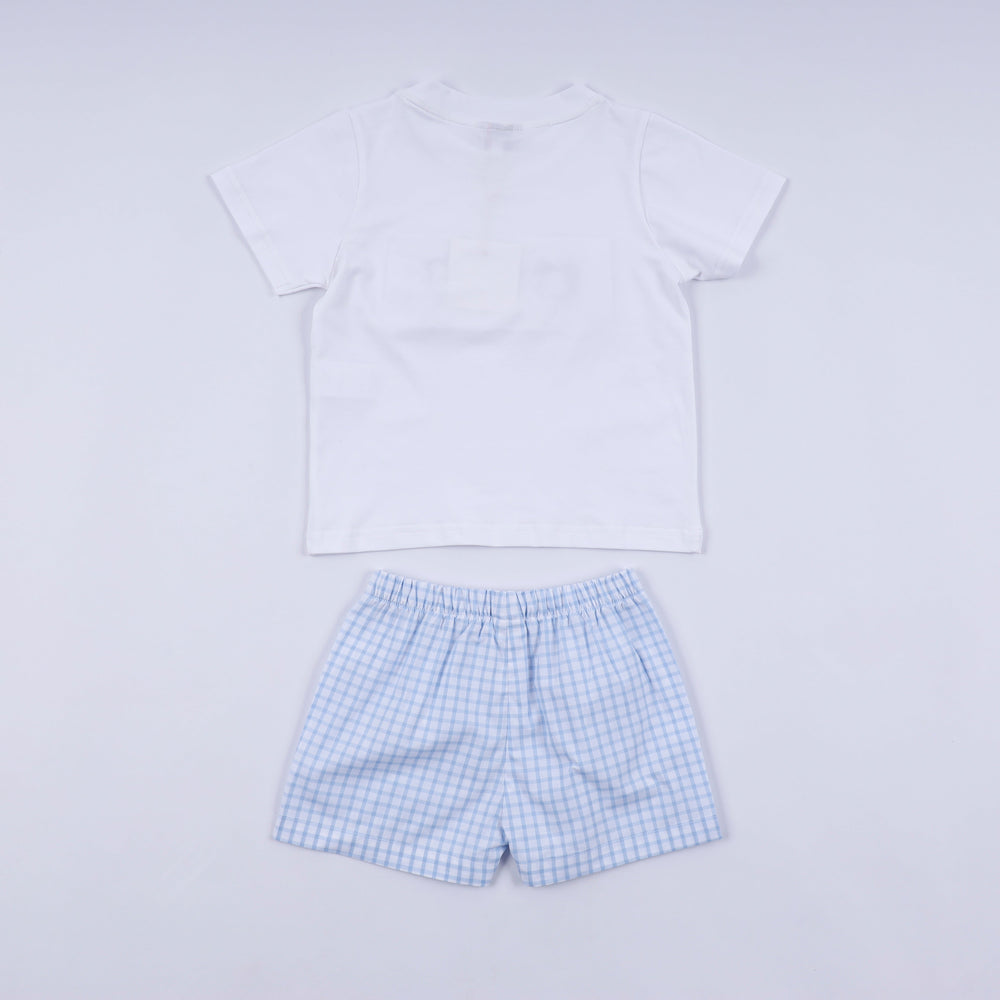 Blue Character Hand Smocked Gingham Shorts Set