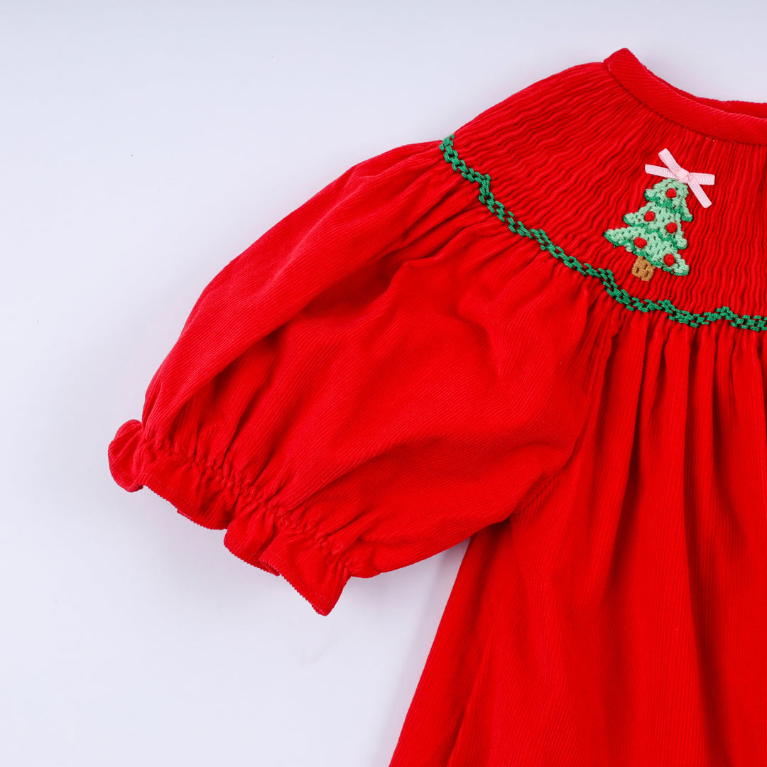 Red Christmas Tree Hand Smocked Dress