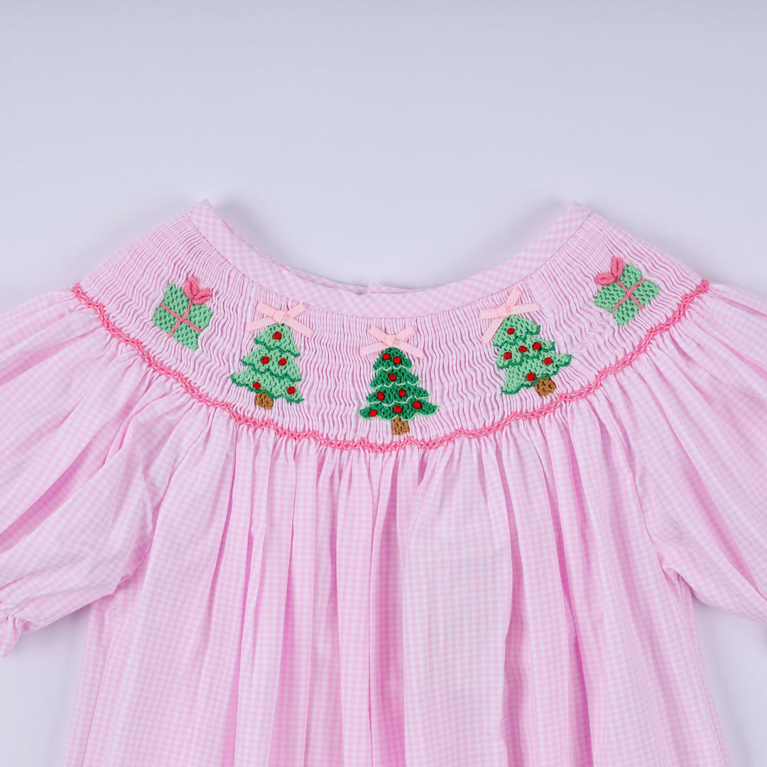 Pink Christmas Tree Hand Smocked Ruffle Romper