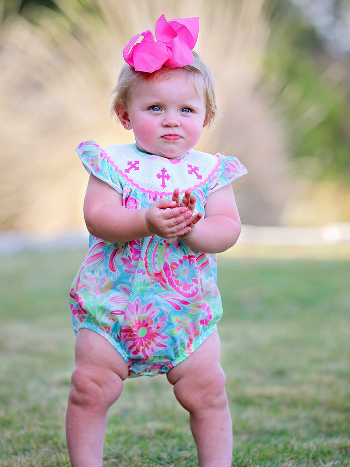 Cross Smocking Embroidered Christening Romper