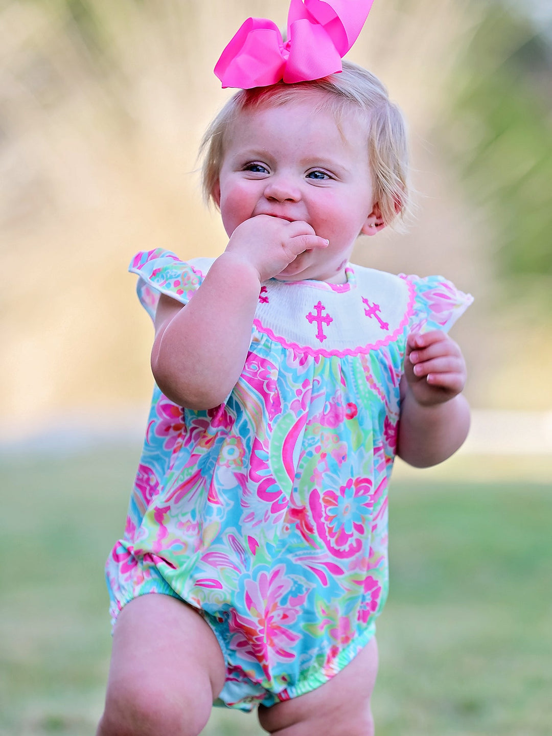 Cross Smocking Embroidered Christening Romper