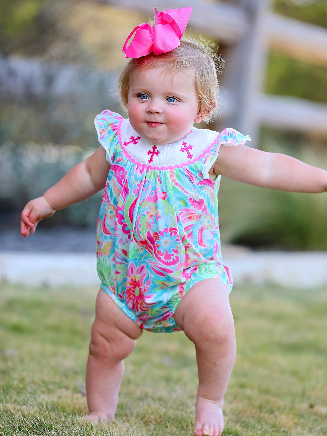Cross Smocking Embroidered Christening Romper