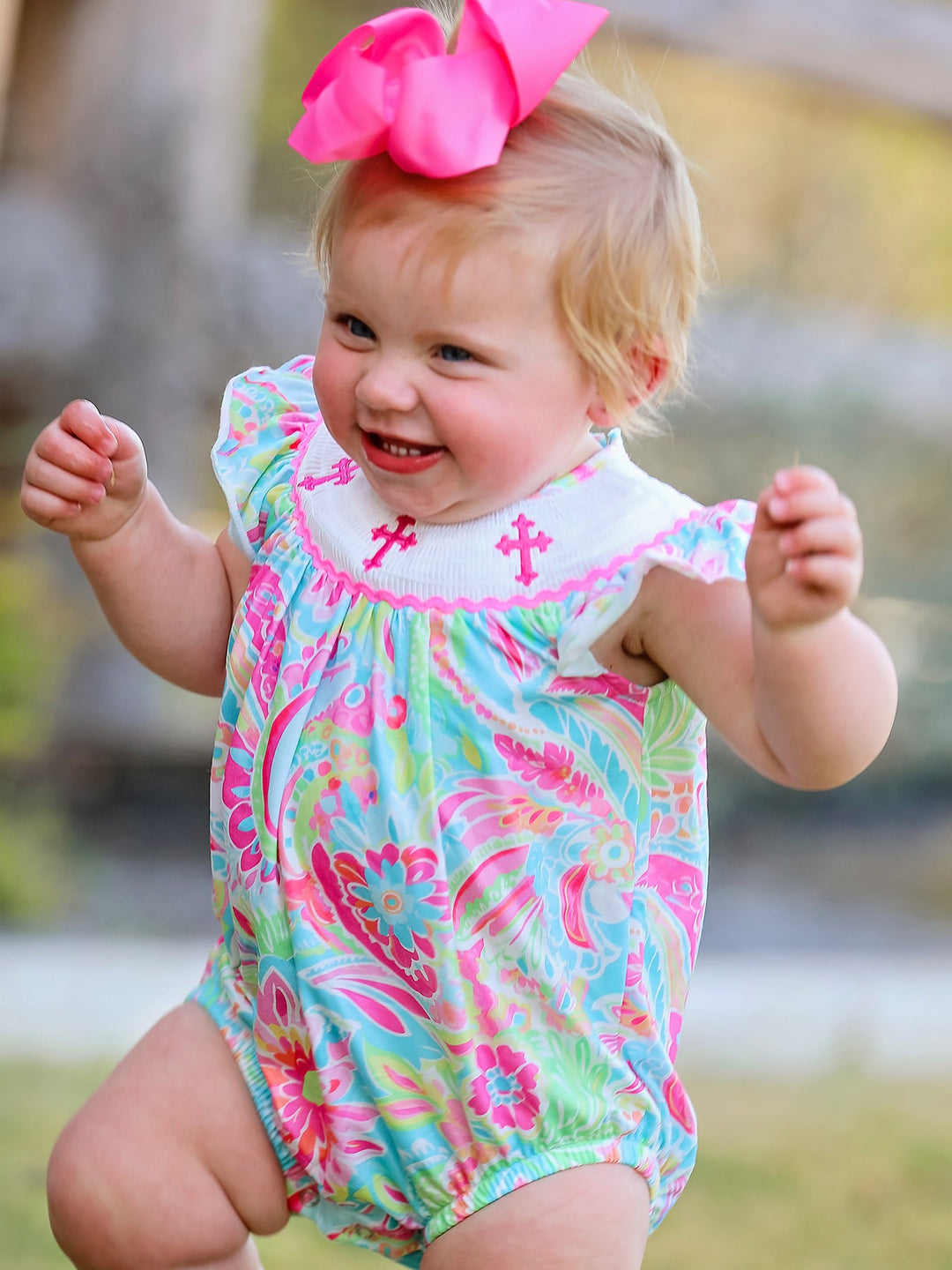 Cross Smocking Embroidered Christening Romper