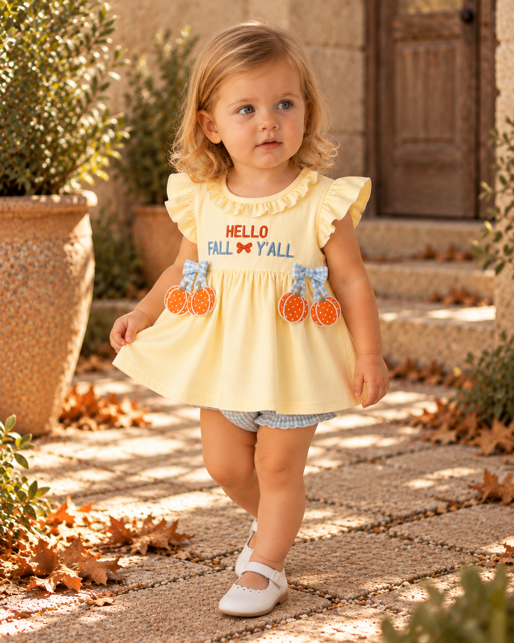 A toddler girl walking outdoors on a stone path wearing a pale yellow ruffle-sleeve dress with 'HELLO FALL Y'ALL' text and orange pumpkin appliques, paired with blue-and-white striped shorts and white Mary Jane shoes.