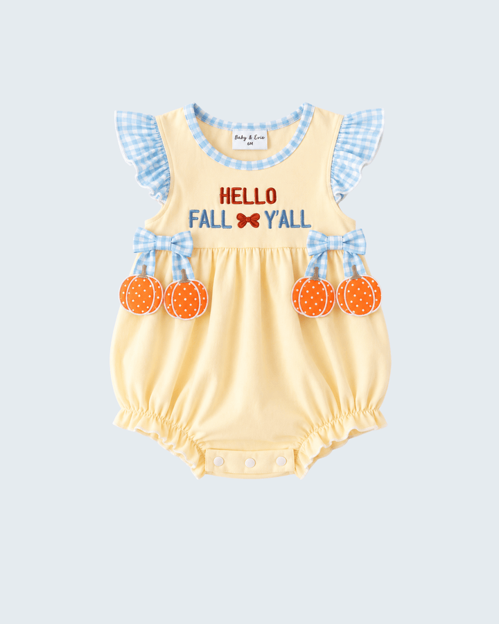 A baby romper in pale yellow with light blue gingham ruffle sleeves, featuring &