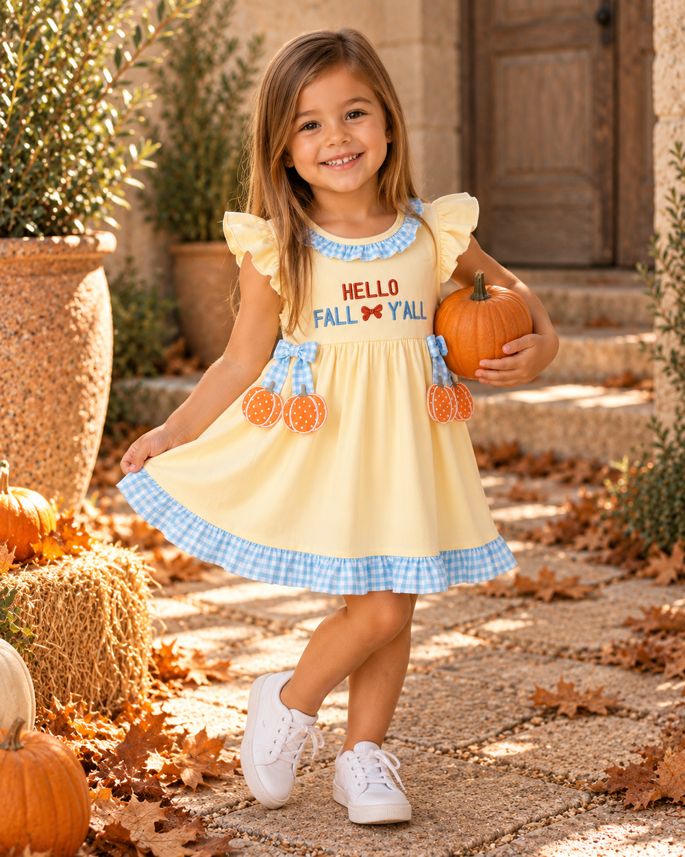 A young girl stands outdoors on a stone path surrounded by pumpkins and autumn leaves, wearing a pale yellow dress with blue gingham trim, ruffled sleeves, and orange pumpkin appliqués. The dress has 'HELLO FALL Y'all' printed on the chest, and she is holding a small orange pumpkin.