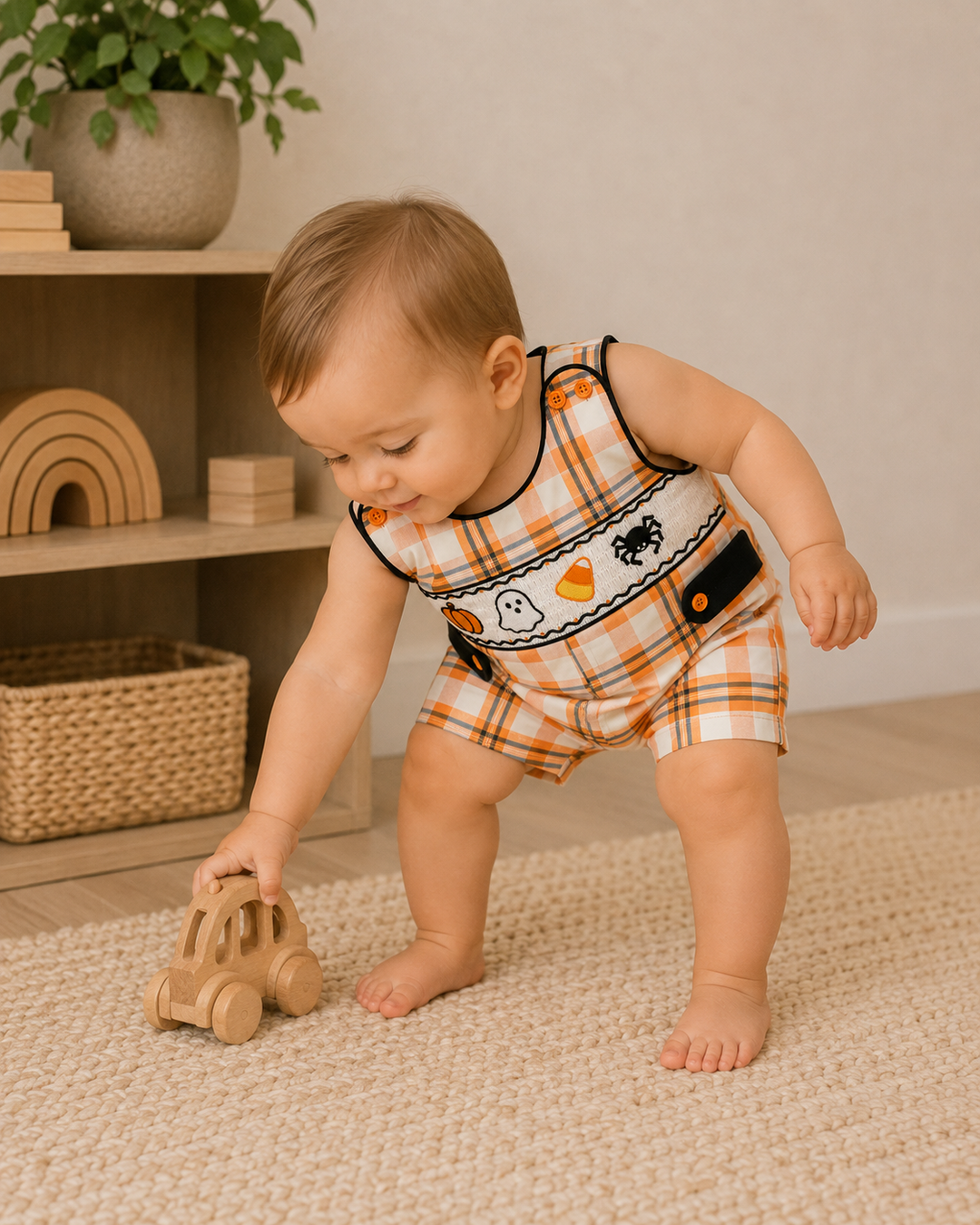 Orange plaid jon jon romper, worn by toddler, with black trim and Halloween prints