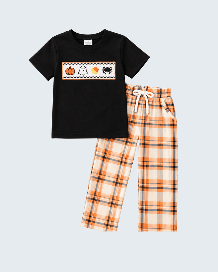 Kids Halloween plaid pant set with black tee and orange plaid drawstring pants