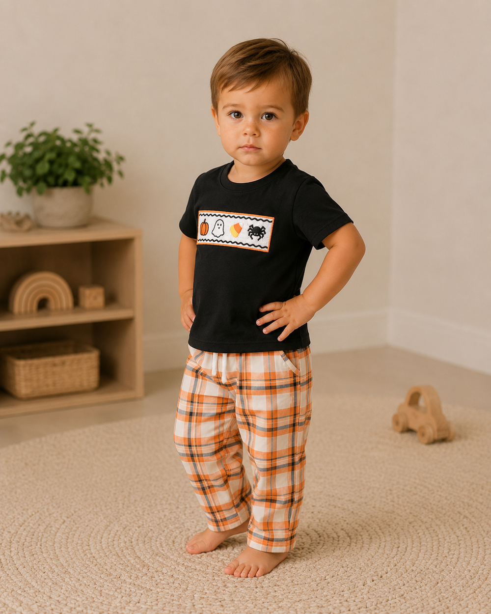 Kids Halloween plaid pant set worn: black graphic tee with orange plaid ankle pants