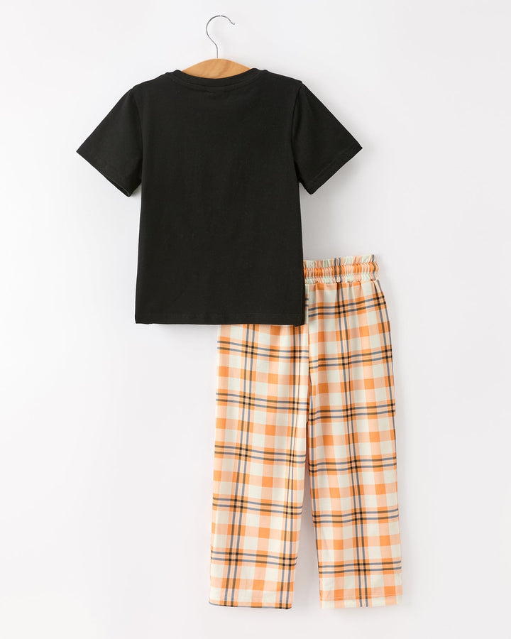 Boys Halloween plaid pant set: black T-shirt and orange plaid drawstring wide-leg pants