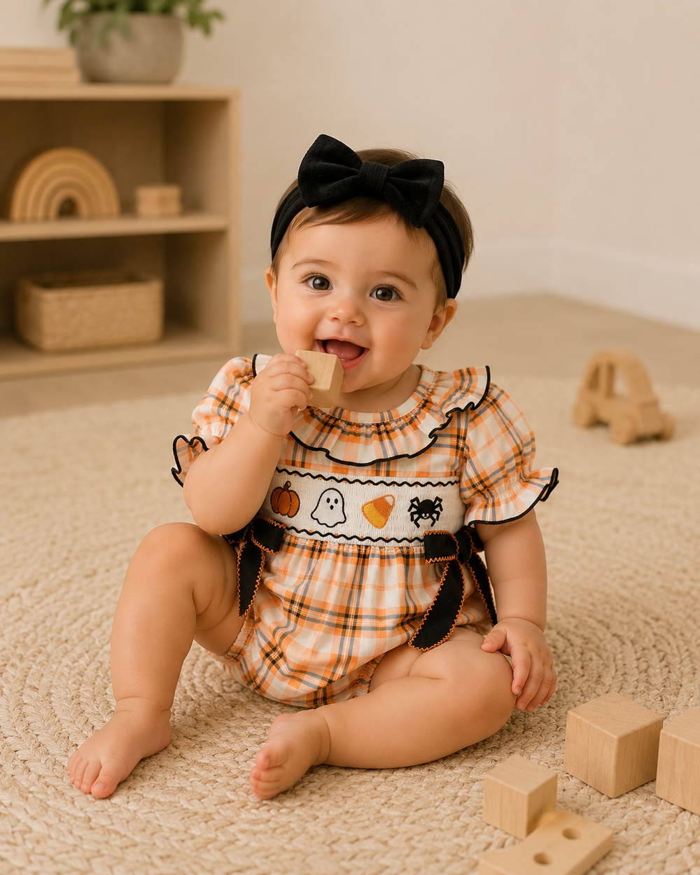 Orange plaid Halloween bubble romper on toddler with bow headband, black ties, ghost print