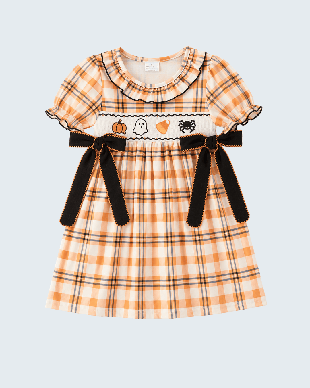Orange plaid smocked dress with ruffled collar, Halloween patchwork and black side bows