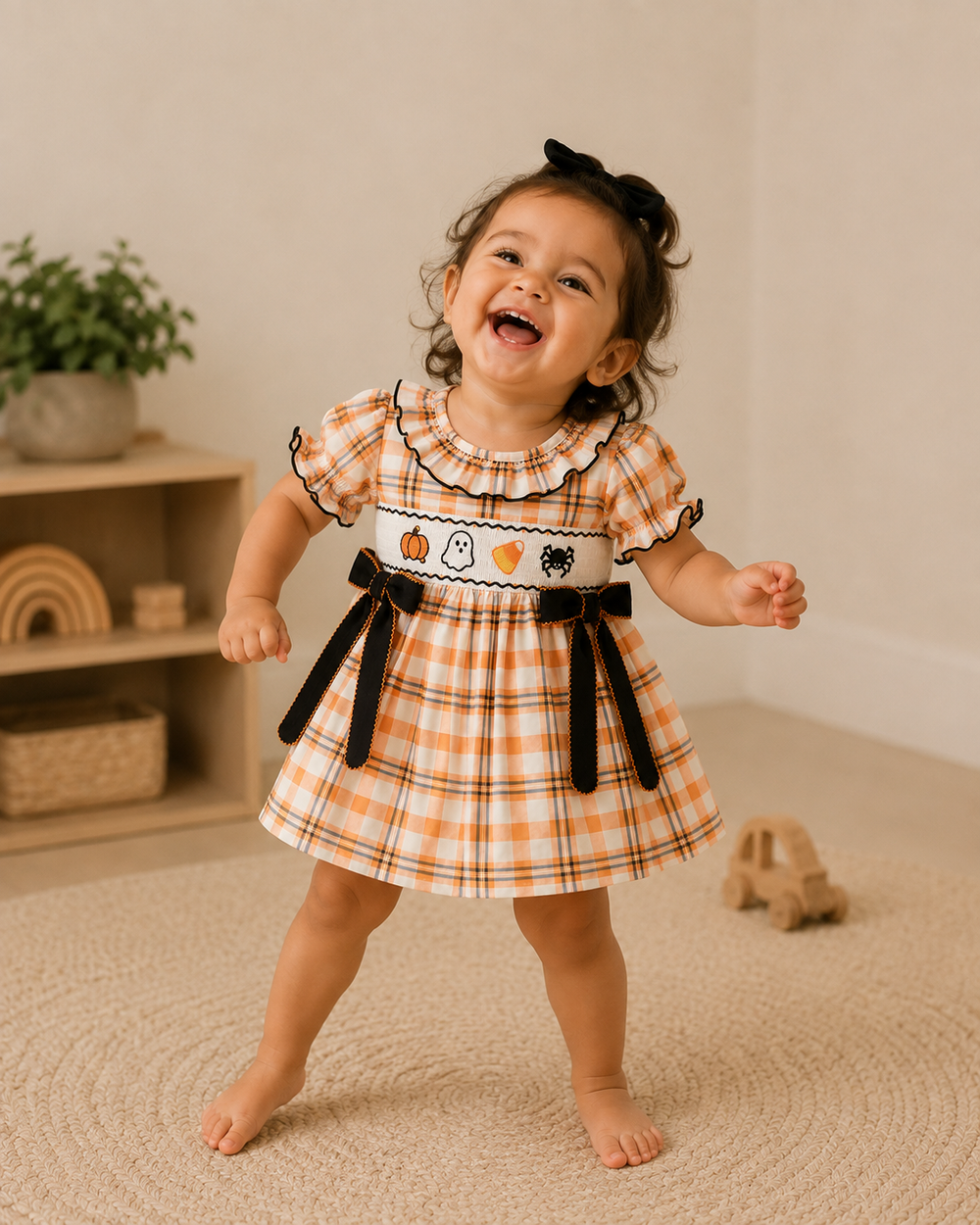 Orange plaid toddler dress, ruffled neckline, Halloween applique and black tie side bows