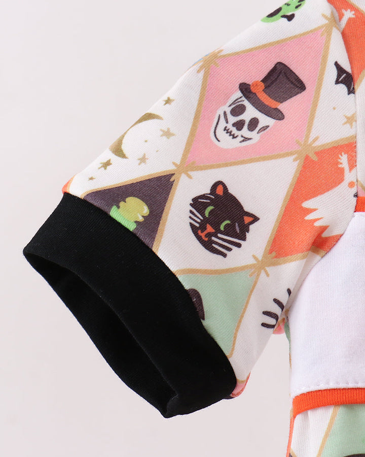 Kids bubble romper sleeve and cuff, white with cats/ghosts pattern, black trim