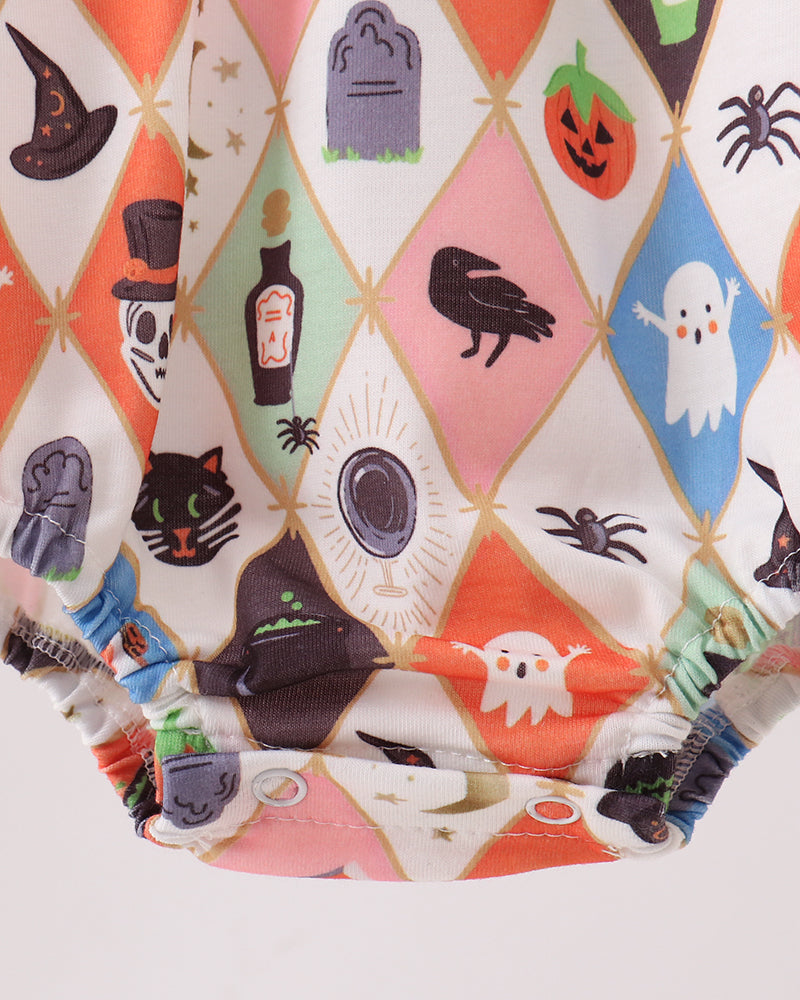 Kids bubble romper elastic hem, multicolor spooky icon print