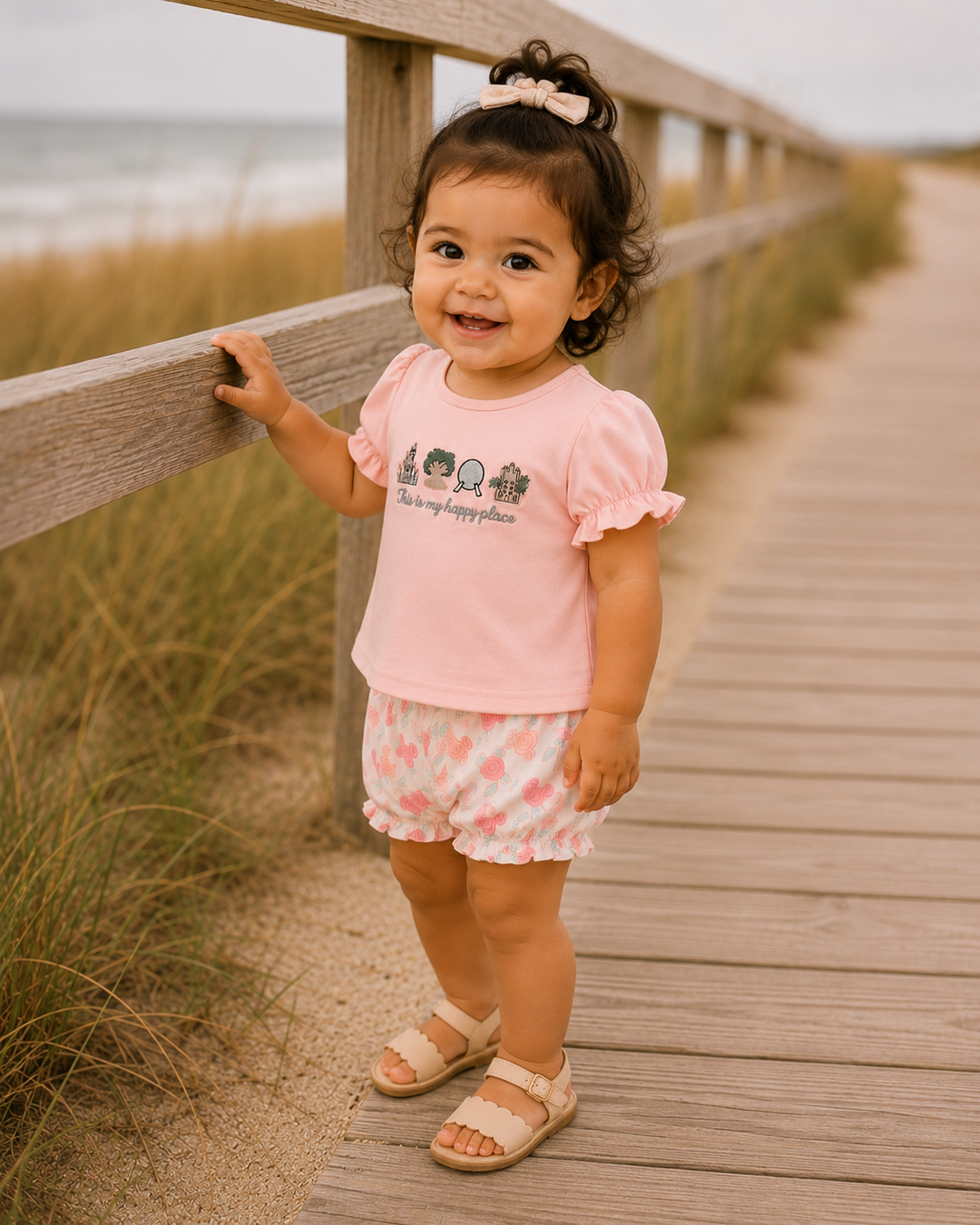 Child standing on a wooden boardwalk by the beach