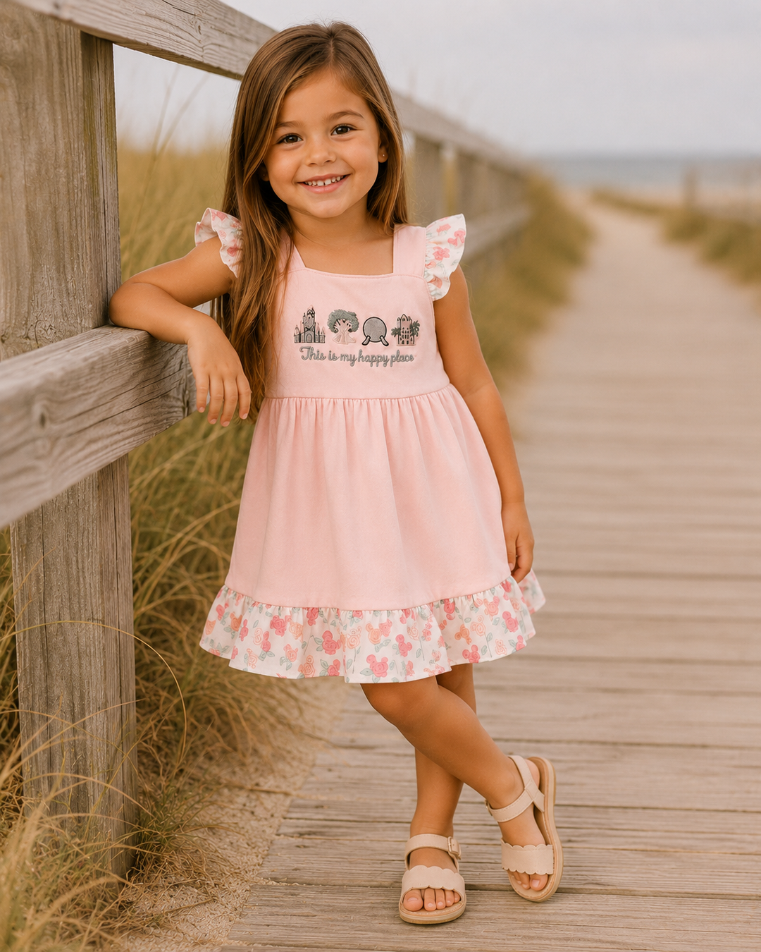 Young girl in a pink dress standing on a wooden boardwalk near the beach.