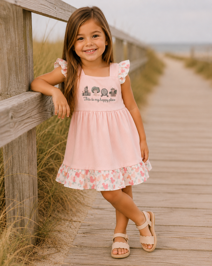 Young girl in a pink dress standing on a wooden boardwalk near the beach.