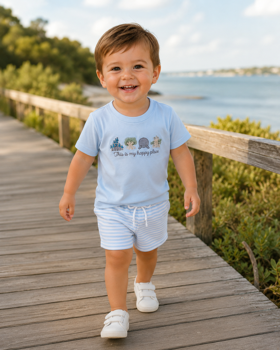Child wearing a light blue t-shirt and striped shorts standing on a wooden boardwalk by a waterfront.