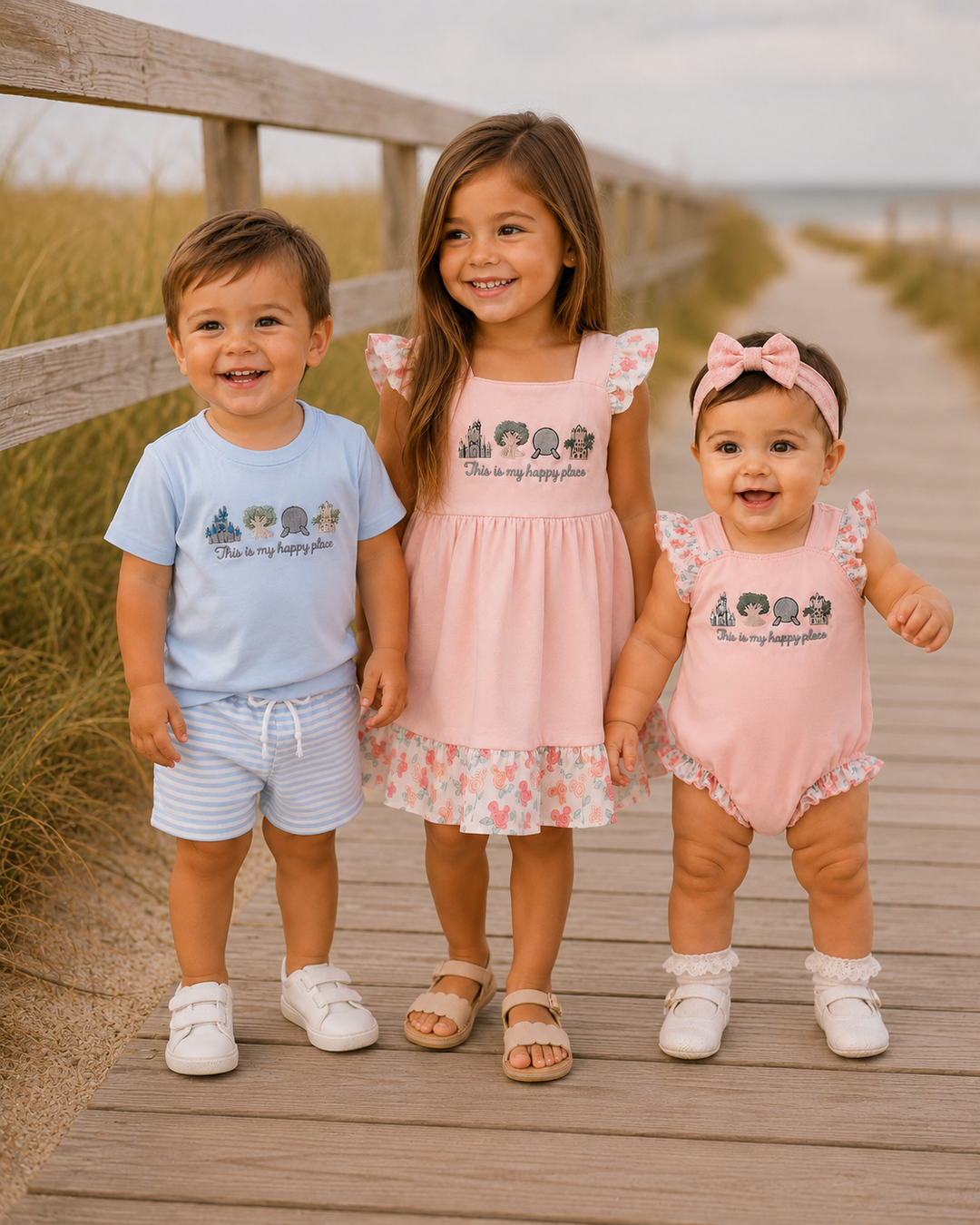 Three children standing on a wooden boardwalk by the beach.