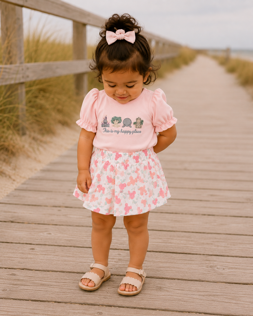 Child in a pink top and floral skort standing on a wooden boardwalk near grass and sand.