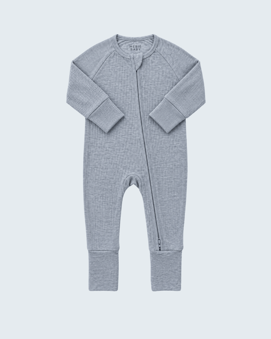 Heather grey ribbed bamboo zip-front romper with long sleeves and ribbed cuffs