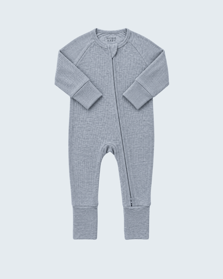 Heather grey ribbed bamboo zip-front romper with long sleeves and ribbed cuffs