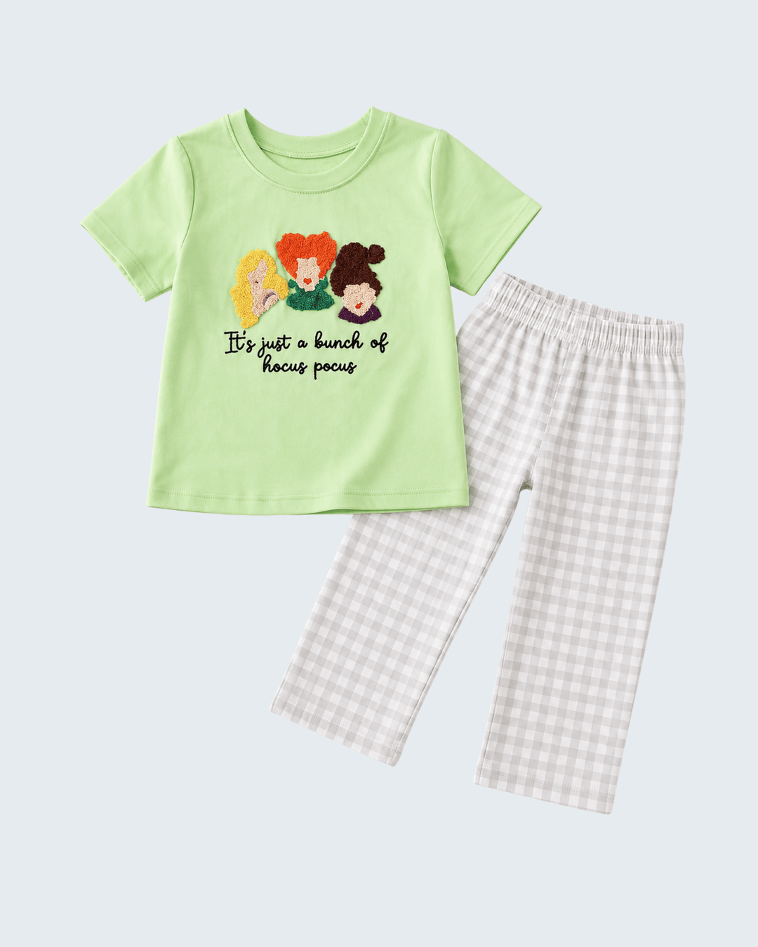 Lime green T-shirt with heart graphic and gray gingham pants set
