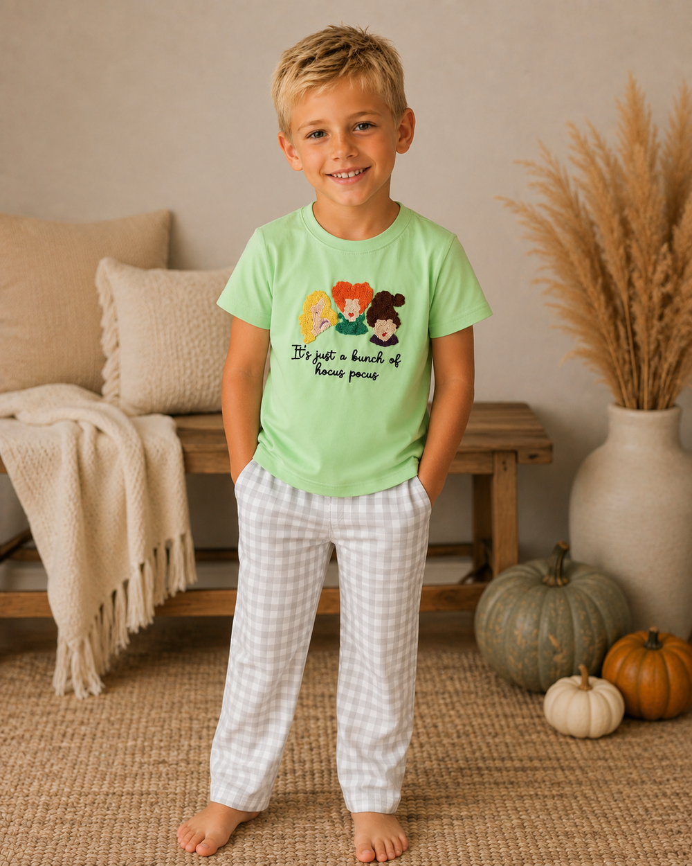 Lime green shirt with heart graphic and gray gingham pajama pants on child