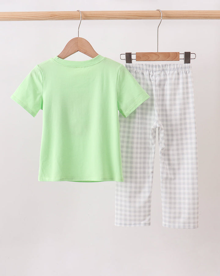 Lime green T-shirt and gray gingham pants set