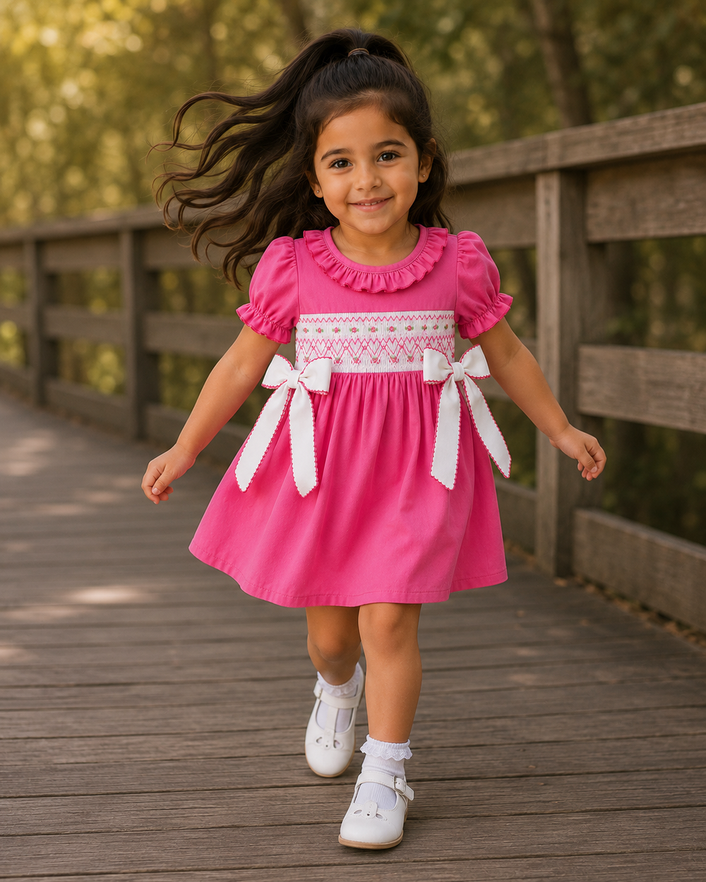 Hot pink smocked bow dress on child with white bow ties and ruffle sleeves