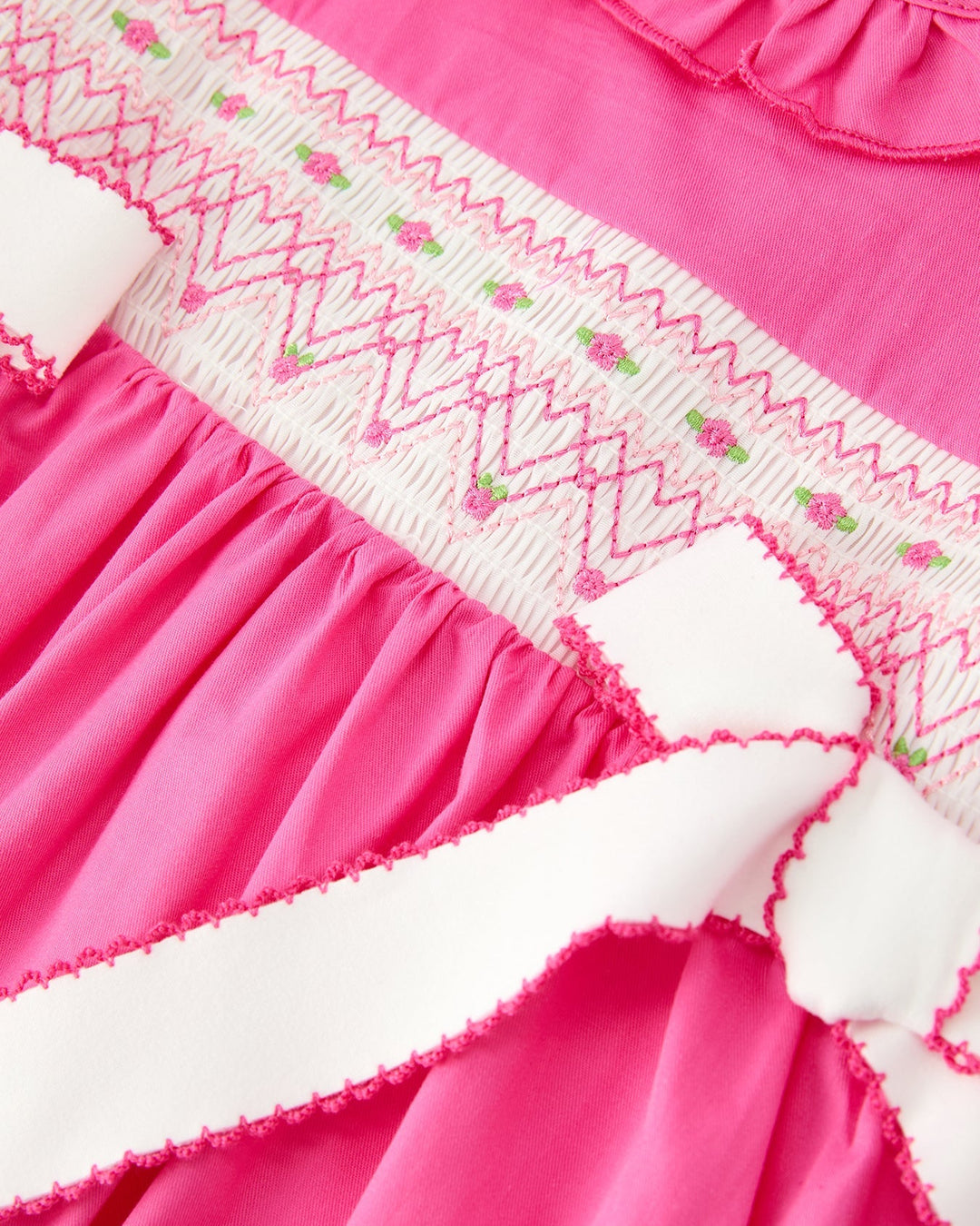 Girls hot pink dress with zigzag white embroidery across the yoke